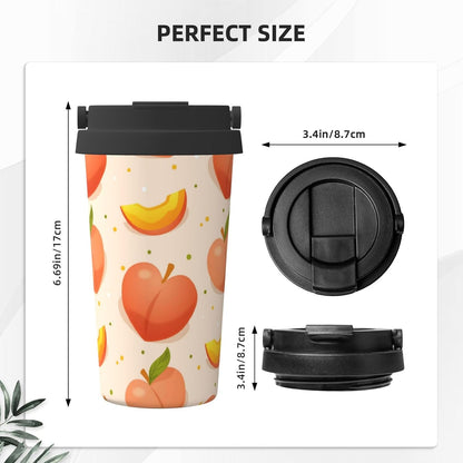 Apricot Peach Fruit Pattern Office Coffee Tumbler | Stainless Steel Travel Coffee Cup Double Wall Insulated Flip Lid Lightweight Portable Driving Mug
