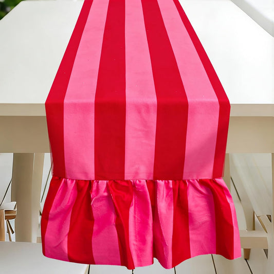 JarThenaAMCS Ruffle Table Runner Boho Pink Red Striped Rectangle Decorative Table Decoration for Farmhouse Home Kitchen Baby Bridal Shower Wedding Party Decor, 13 x 72 Inch