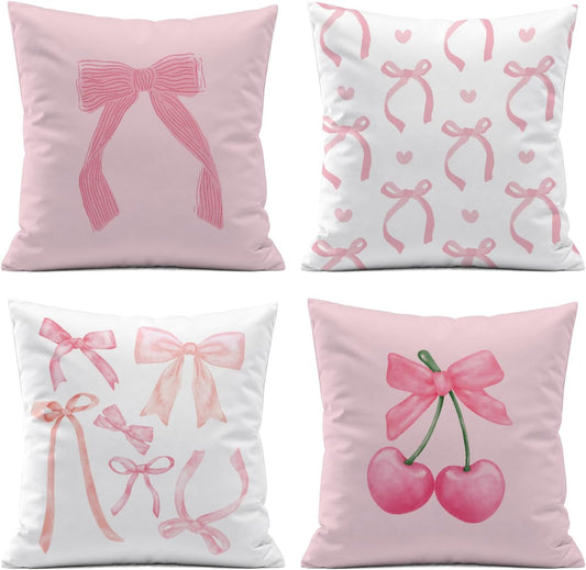 Coquette Room Decor,Pink Cute Bow Throw Pillow Covers 18x18 Set of 4,Gifts for Teen Girls Women,Pink Decorative Pillowcase for Sofa Couch Bedroom Chair Home