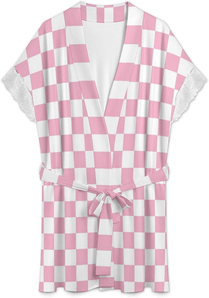 Pink Pastel Checkered Print Short Robes for Women, Kimono Robes Loungewear Dressing Gown Nightgown Sleepwear