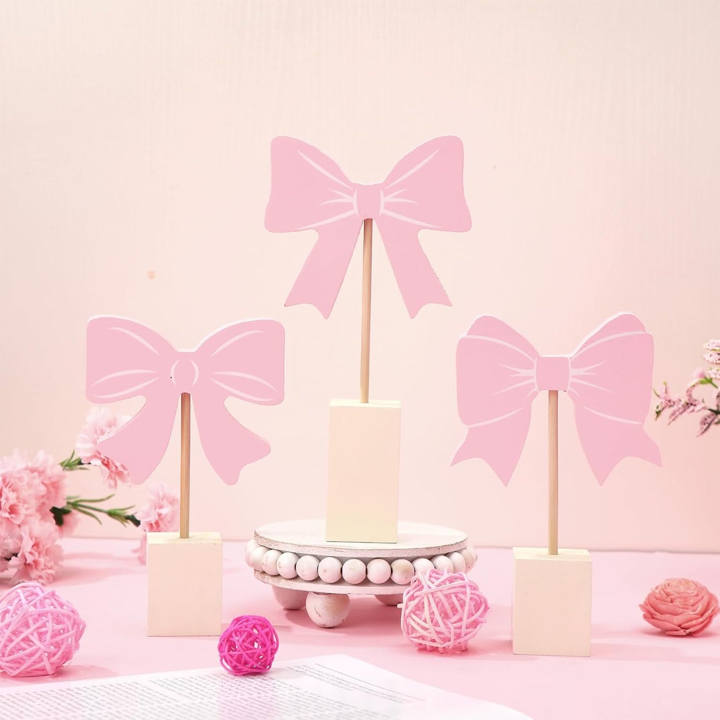 Chunful 3 Pcs Pink Bow Nursery Decor Wooden Sign Cute Coquette Room Party Shelf Decor with Base Aesthetic Standing Bowknot Table Sign Centerpiece for Nurseries Bedroom Dorm Desk Tabletop Accessories