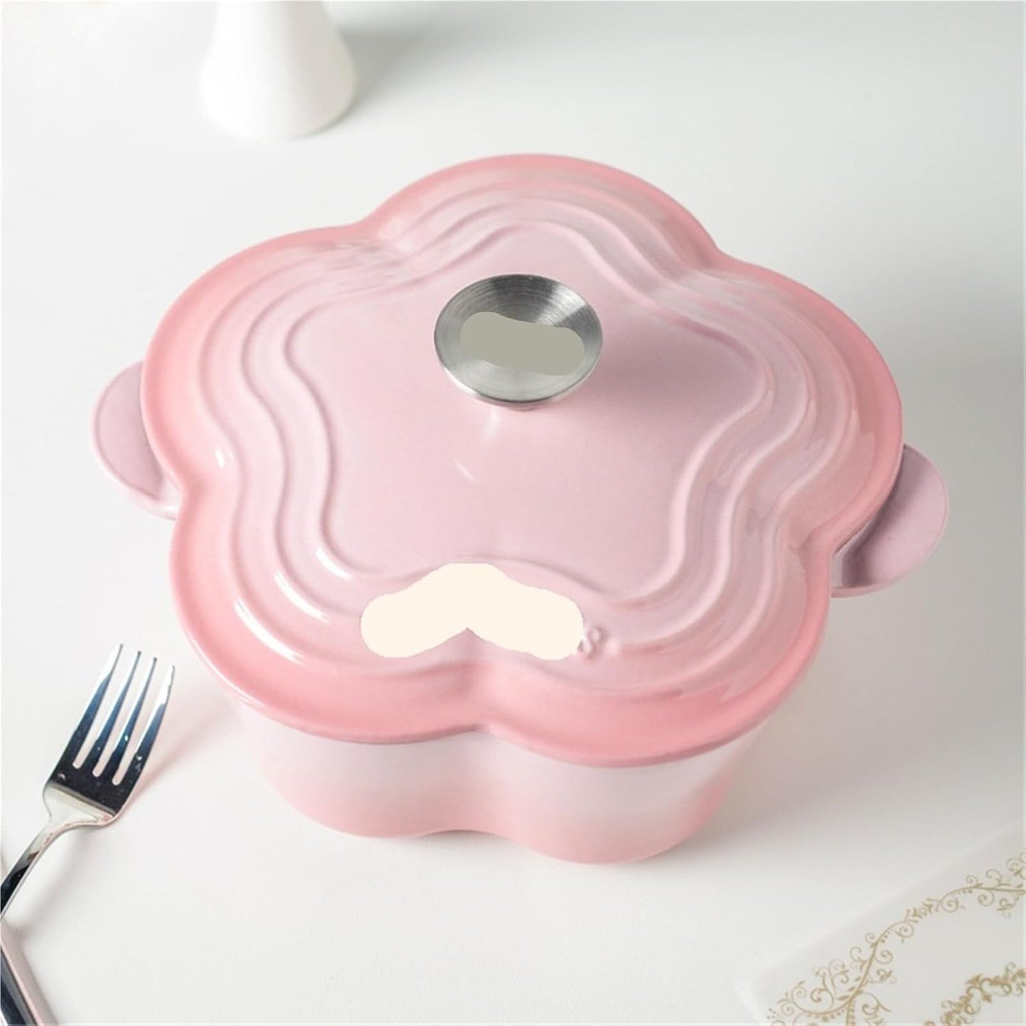 Casserole Dish 20cm Petal Cast Iron Oven Binaural Enamel Pot for Bake Bread and Casserole Dish Braising with Lid for All Heat Source (Pink)