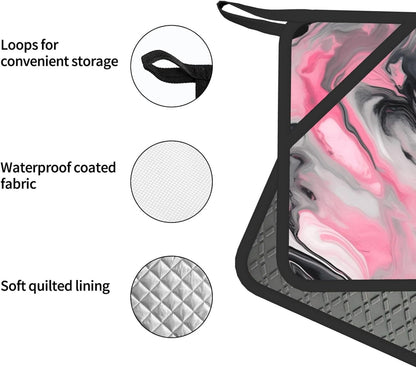 Pink Abstract Ink Marble Gray Artistic Print Oven Mitts and Pot Holders 4-Piece Set Heat Resistant Baking Gloves Silicone Kitchen Gloves