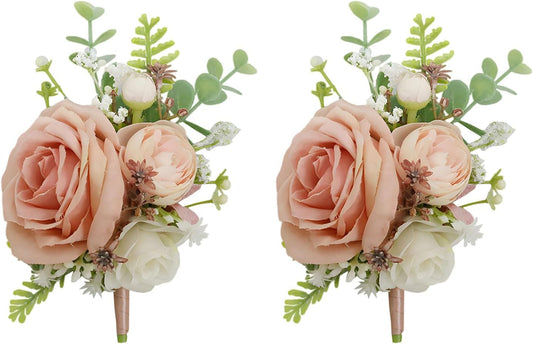 Wedding Men’s Boutonniere Set of 2 Coral Pink Rose Groom Bestman Artificial Groomsman Parent Boutonniere Lapel Flower for Indoor Outdoor Wedding Prom Father Daughter Dance Homecoming
