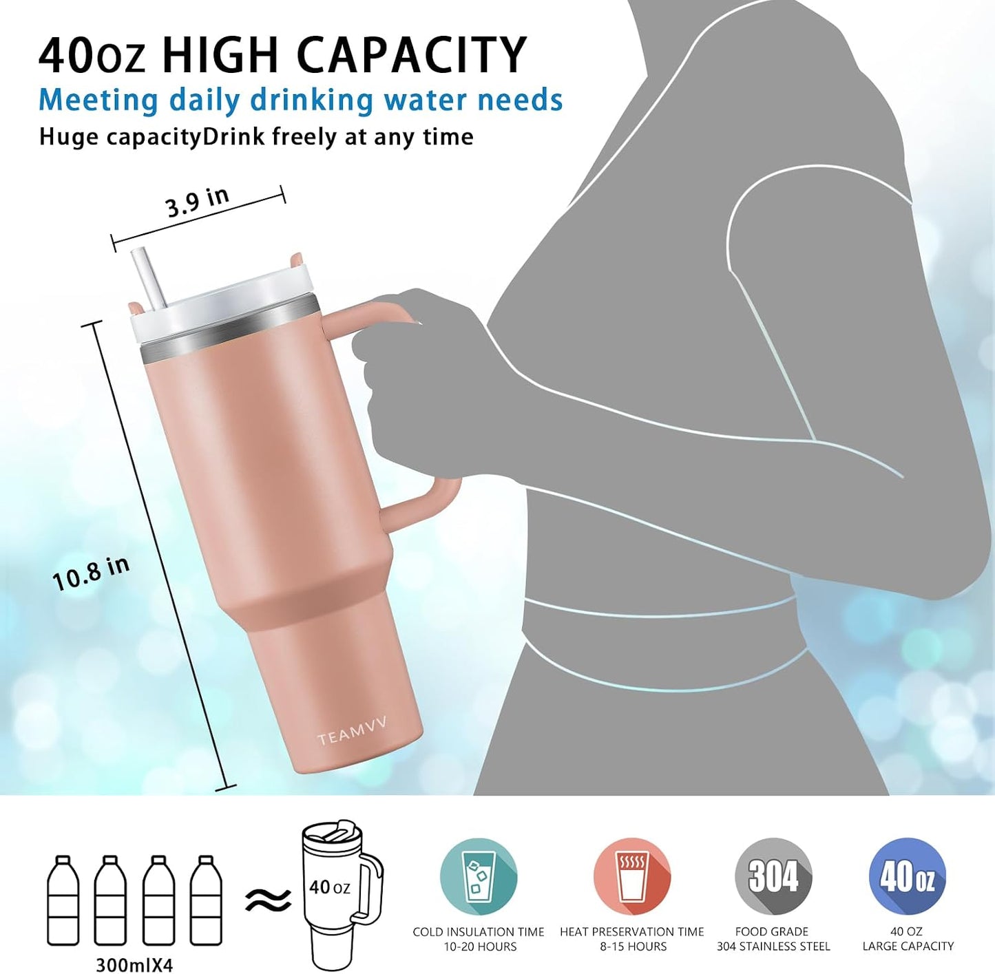 TEAMVV 40 oz Tumbler with Handle and Straw Lid,Insulated Cup Reusable 304 Stainless Steel Water Bottle Travel Mug Cupholder Friendly for Coffee,Smoothie or Water,Iced Tea(Light Pink)