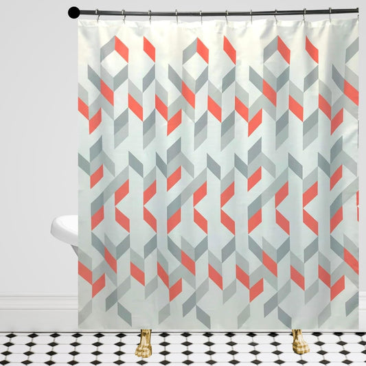 Serafina Home Decorative Luxury Geometric Fabric Shower Curtain: Coral Peach Grey Gray White Chevron Striped Design, Includes 12 Rollerball Hooks