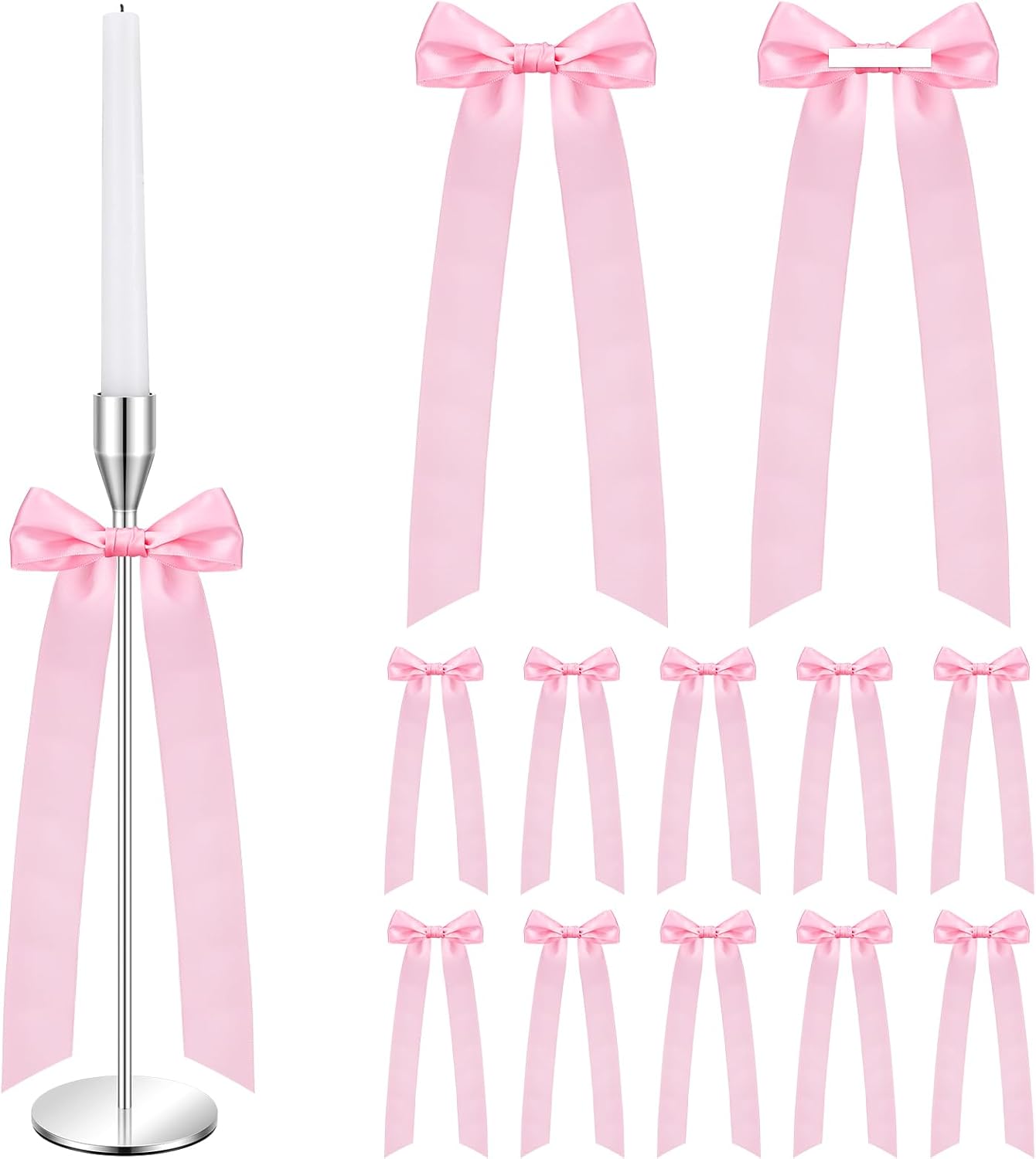 Teenyyou 12 Pcs Pink Candlestick Bows Decor 13 Inch Large Coquette Decorations Bows for Table Self Adhesive Candle Holder Gift Wrapping Wedding Bridal Shower Bachelorette Party Centerpieces