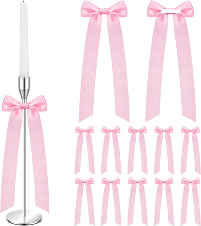 Teenyyou 12 Pcs Pink Candlestick Bows Decor 13 Inch Large Coquette Decorations Bows for Table Self Adhesive Candle Holder Gift Wrapping Wedding Bridal Shower Bachelorette Party Centerpieces