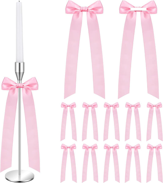 Teenyyou 12 Pcs Pink Candlestick Bows Decor 13 Inch Large Coquette Decorations Bows for Table Self Adhesive Candle Holder Gift Wrapping Wedding Bridal Shower Bachelorette Party Centerpieces