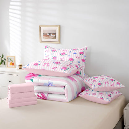 Feelyou Cute Bow Comforter Set with Sheets 7 Piece Queen Size Romantic Rose Flower Bed in a Bag Kids Boys Girls Bow Tie Striped Bedding Set Bedroom Decor Breathable Soft Lightweight Microfiber