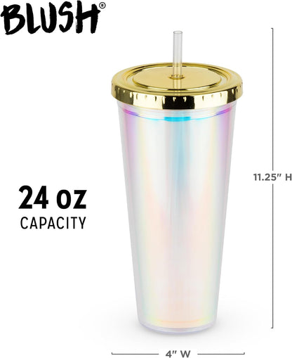 Blush Iridescent Cute Drink Tumbler | Reusable, Leak-Proof, Travel, Clear Plastic, Slim, Iced Coffee Cup with Silicone Seal, Screw-On-Lid, and Straw, 24oz