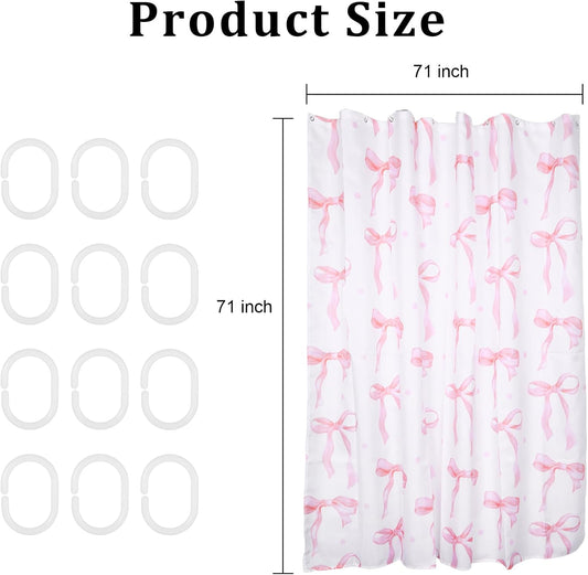 Cute Pink Bow Shower Curtain, Bow Pink Shower Curtain Cute Fabric for Bathroom Aesthetic Cloth Set with Hooks Butterfly Knot Bathroom Home Decor for Girls Women 71 x 71 Inch