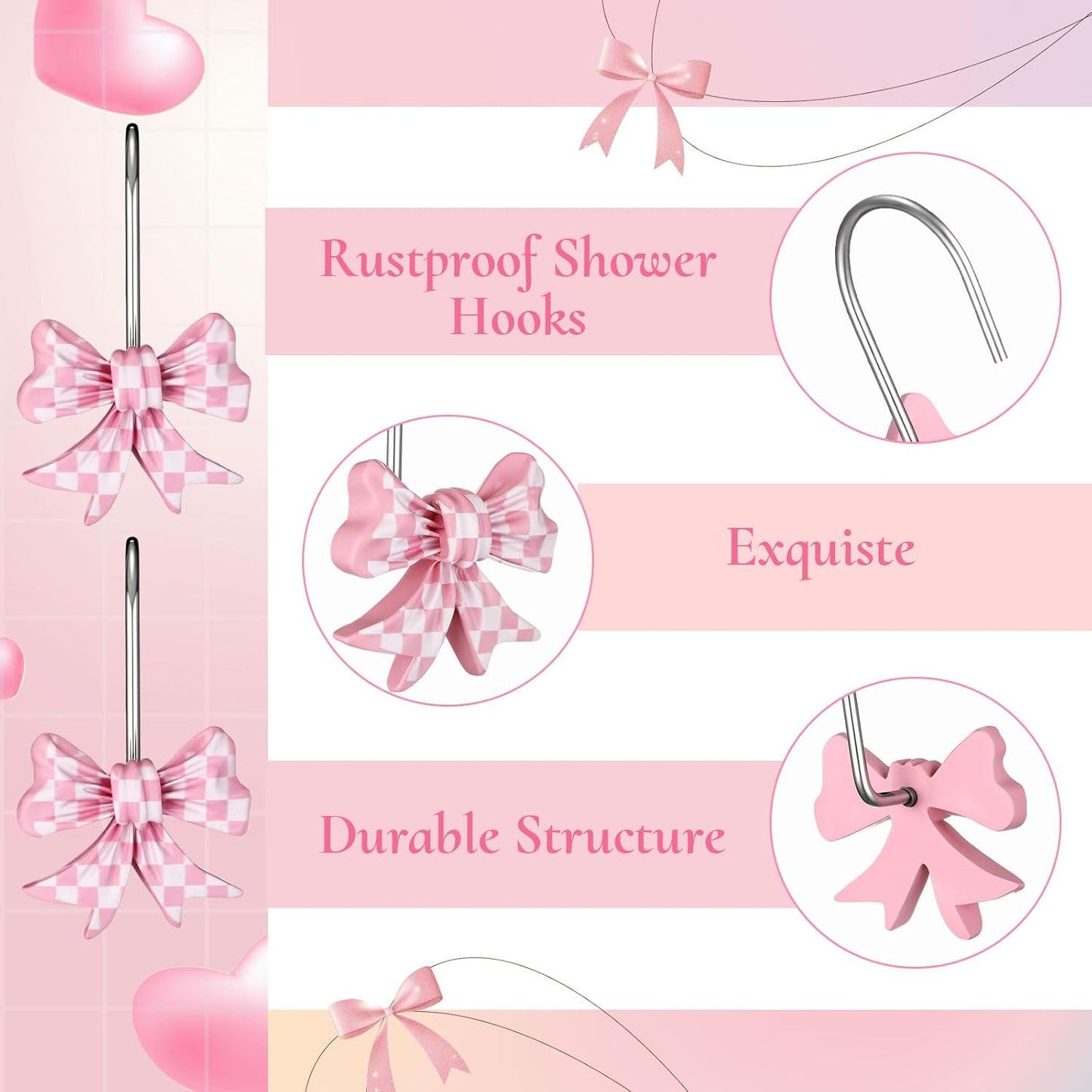 Sliner 12 Pcs Bow Shape Shower Curtain Hooks, Gingham Checkered Pattern Bowknot Curtain Rings with Rust-Proof Finish, Decorative Hooks for Bathroom Window Drapes, Cute Home Decor(Pink,White)