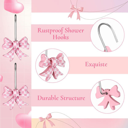 Sliner 12 Pcs Bow Shape Shower Curtain Hooks, Gingham Checkered Pattern Bowknot Curtain Rings with Rust-Proof Finish, Decorative Hooks for Bathroom Window Drapes, Cute Home Decor(Pink,White)