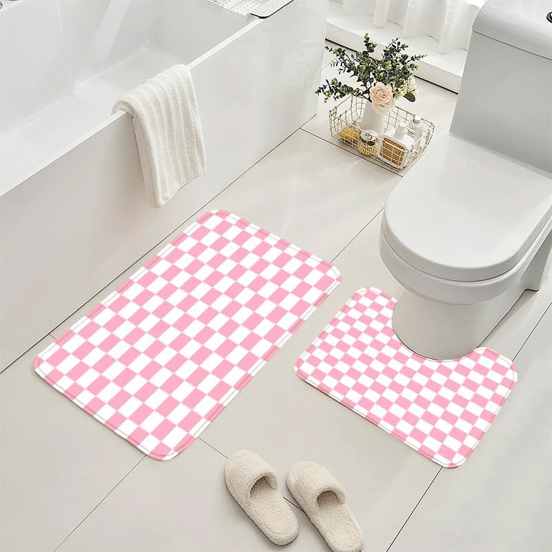 4 PCS Checkered Shower Curtain Sets Fun Gingham Bathroom Sets Soft Non Slip Bath Rugs Toilet Cover U-Shaped Mat Retro Bright Waterproof Shower Curtains with 12 Hooks for Tub Toilet, Pink