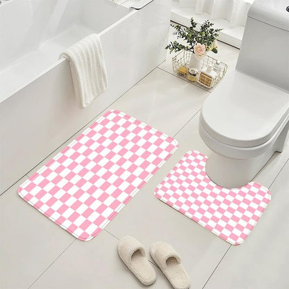 4 PCS Checkered Shower Curtain Sets Fun Gingham Bathroom Sets Soft Non Slip Bath Rugs Toilet Cover U-Shaped Mat Retro Bright Waterproof Shower Curtains with 12 Hooks for Tub Toilet, Pink