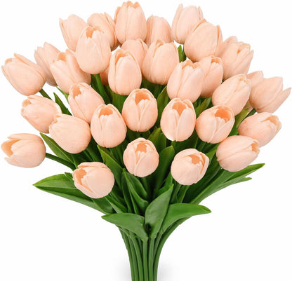 MACTING 30 PCS Artificial Tulip Flowers 13.7" Real Touch Fake PU Tulips Bouquet Faux Flowers for Floral Arrangements Table Centerpieces Kitchen Mothers Day Summer Decorations,Light Pink