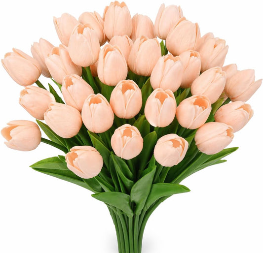 MACTING 30 PCS Artificial Tulip Flowers 13.7" Real Touch Fake PU Tulips Bouquet Faux Flowers for Floral Arrangements Table Centerpieces Kitchen Mothers Day Summer Decorations,Light Pink