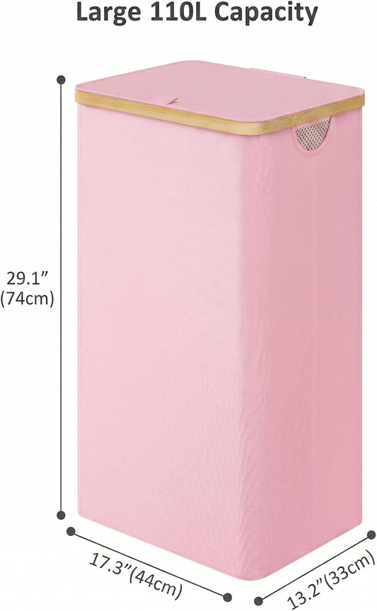 iEGrow Laundry Hamper with Lid, 110L Large Laundry Basket with Handle and Lid, Collapsible Clothes Basket Organizer with Removable Inner Bag for Clothes Towels,Pink