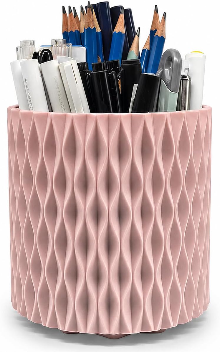 Lebenrich Rotating Pencil Holder for Desk, 5 Slots Unique Pink Organizer Easthetic Desktop Supplies and Accessories for Women Girls, Pen Cup Caddy for Office Home Art Supply