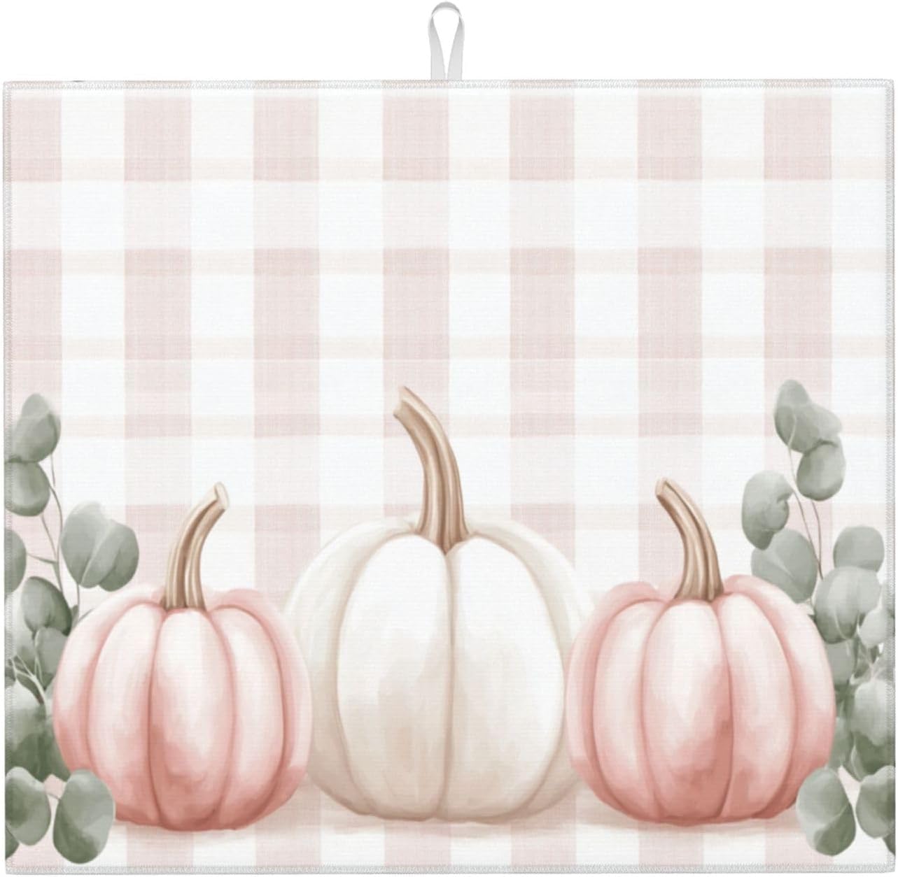 Dish Drying Mat for Kitchen Pink Pumpkin Buffalo Plaid Pattern Counter Absorbent Dishes Drainer Microfiber Small 16x18 Inch