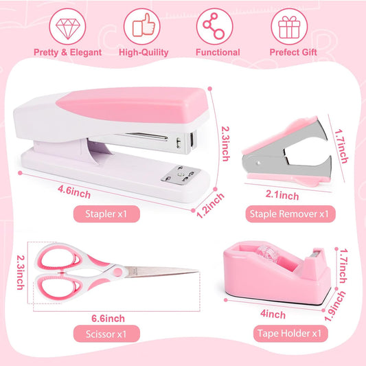 Pink Desk Accessories Set for Women, Stapler and Tape Dispenser Set with Scissor, Staple Remover, Clips & Tabs, Cute Office Supplies Kit for Desk Organization, School, Home & Office, Gift Idea