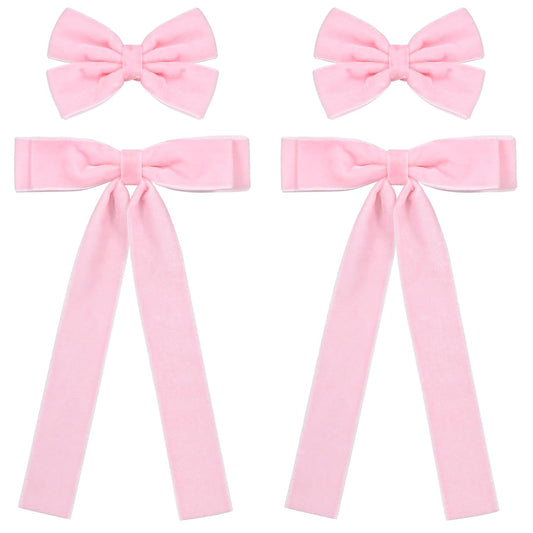 Velvet Ribbon Hair Bows Clips 4pc Assorted Colors 2 Sizes 4.5" & 3.14" Long Tail Dress Bow Alligator Barrettes,School Uniform Ponytail Accessory for Girls Kids Teens Women Gift Set (Light Pink)