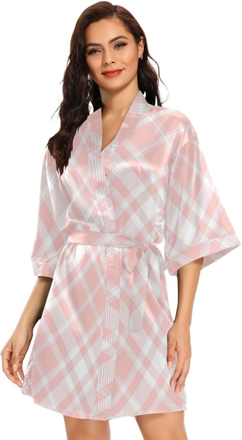 Flesh Pink Checkerboard Womans Bathrobes Warm Shower Robe for Bathroom