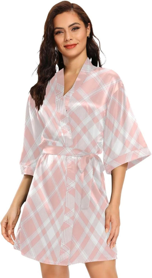Flesh Pink Checkerboard Womans Bathrobes Warm Shower Robe for Bathroom
