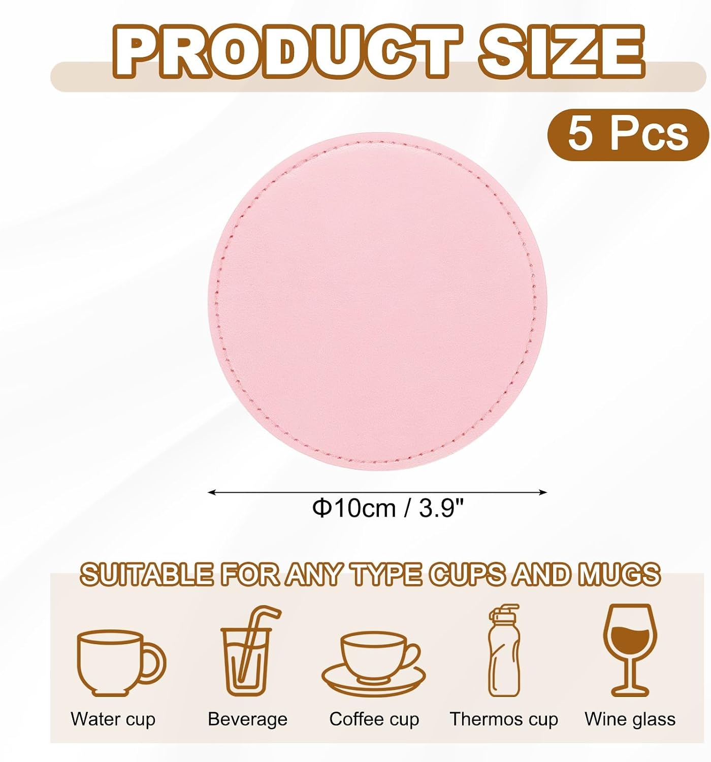 uxcell 5Pcs PU Leather Coasters, 4" Round Drink Coasters Heat Resistant Water Absorbent Non Slip Cup Mat for Home Office Kitchen Bar Coffee Table Housewarming Gifts Decor, Pink
