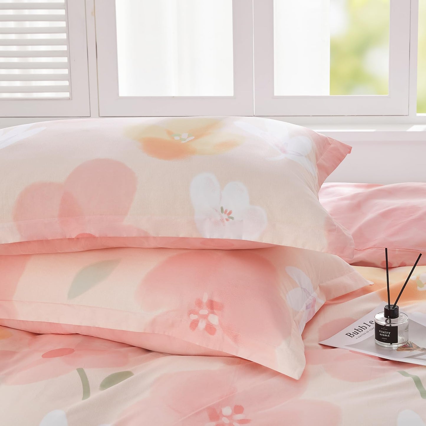 SAPHREAS Pink Floral Duvet Cover Set Full Size Blossom Flower Printed Bedding Comforter Cover Set 100% Cotton 1 Duvet Cover 90"x80" 2 Pillow Shams, Comforter Not Included