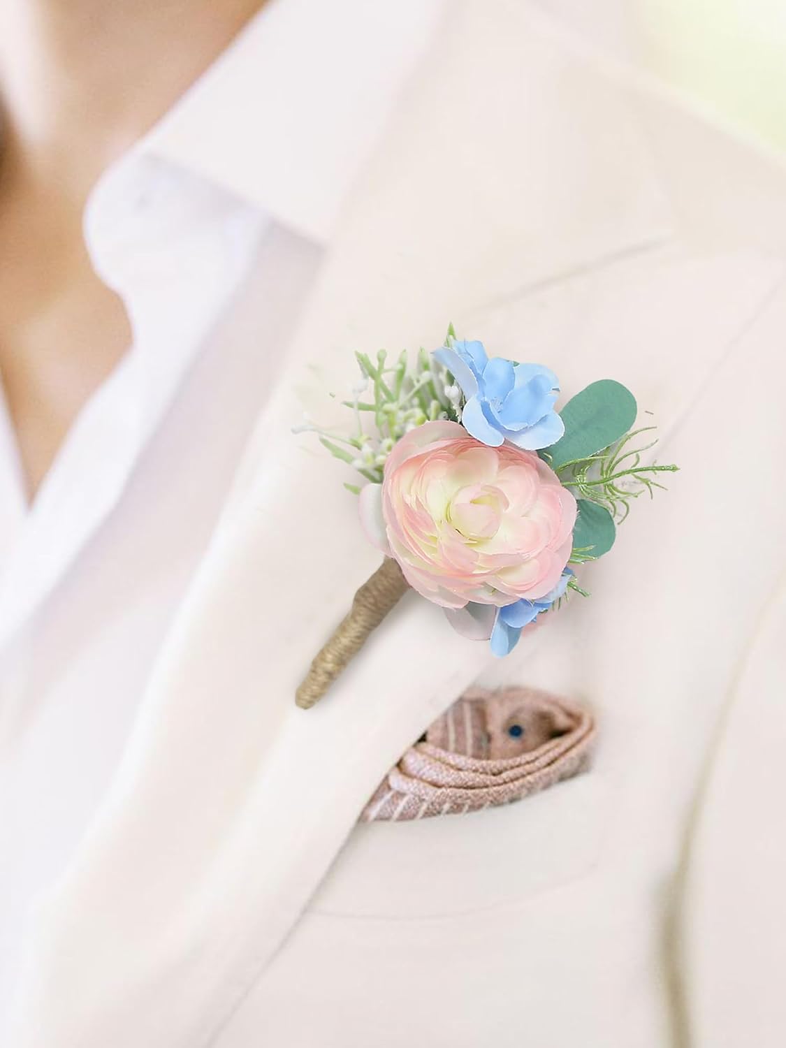 Rinlong 2Pcs Pink Blue Boutonnieres with Pins for Men, Groom, Groomsmen | Wedding, Prom, Homecoming