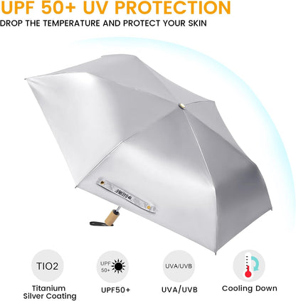 G4Free UPF 50+ UV Protection Travel Umbrella with Wooden Handle, 42 Inch Lightweight Sun Rain Folding Umbrellas Auto Open Close (Pink)