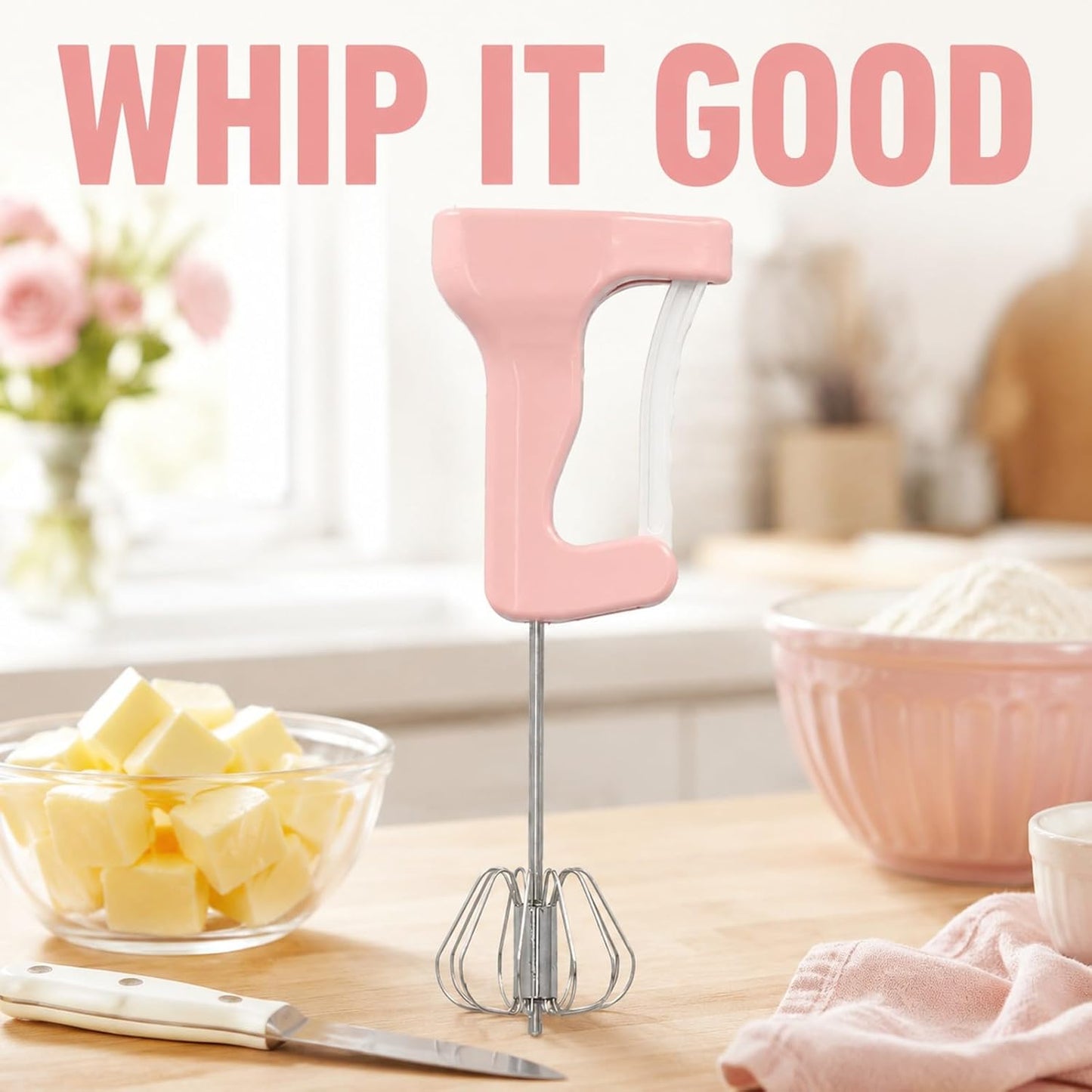 Semi Automatic Hand Mixer Egg Beater, Stainless Steel Pink 30cm - Ergonomic Grip, Quiet 360° Mixing, Ideal for Baking & Kitchen Use
