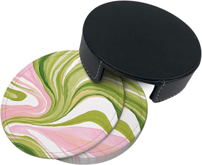 Watercolor Light Pink Green Swirl Marble Premium Leather Coasters, Set of 6 with Holder, Stylish Beverage Coasters for Kitchen Coffee Bar