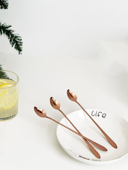 Set of 6 Premium Stainless Steel Spoons, 7.76" Long Spoons, Food-Grade 304, Cocktail Stirring Spoon, Leaf-Design, Versatile for Coffee, Ice Cream, Desserts, Teas (Rose Gold)