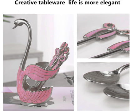 Flylin Metal Swan Base Holder: 6pcs Organizer Set with Ice Cream Spoons, Teaspoons, Dessert Spoon + Spoon Holder (Pink)
