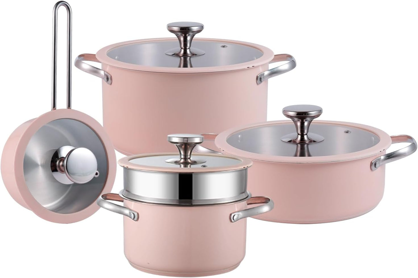 9pcs Stainless Steel Cookware Set for Family Kitchen, 304 Grade, Ceramic Coated Exterior, Induction Compatible Pots and Pans with Glass Lids, Non-Toxic & Easy to Clean,Pink
