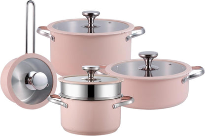 9pcs Stainless Steel Cookware Set for Family Kitchen, 304 Grade, Ceramic Coated Exterior, Induction Compatible Pots and Pans with Glass Lids, Non-Toxic & Easy to Clean,Pink