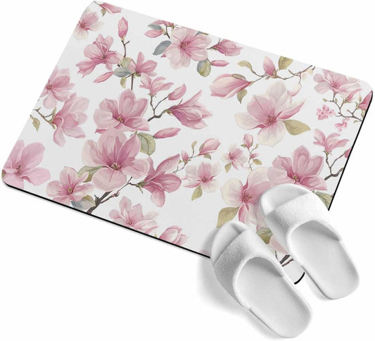 Bath Rugs,Spring Pink Blossom Flower Absorbent Diatomaceous Earth Bath Mat Quick Drying Non Slip Washable Shower Mat 16x24IN,Watercolor Magnolia Floral Branch Doormat for Bathtub Kitchen Living Room