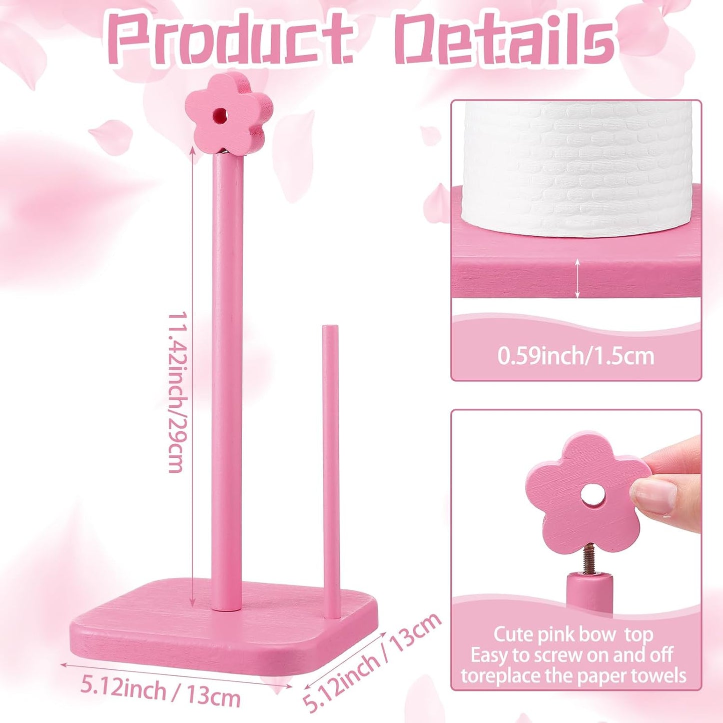 Leinuosen Pink Flower Paper Towel Holder Coquettish Cute Flower Wooden Paper Towel Holder Pink Bathroom Countertop Accessories Kitchen Roll Stand Organizer Standing Apartment Decor Housewarming Gift