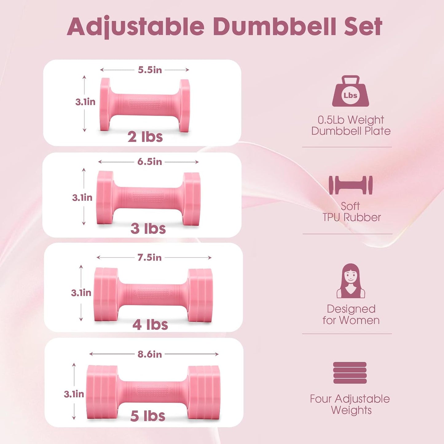 EQUIPRO Adjustable Dumbbell Set, 4 in 1 Free Weights Dumbbells Set for Women, Weights for Women at Home, 2lb 3lb 4lb 5lb with TPU Soft Rubber Handle for Home Gym Exercise Training