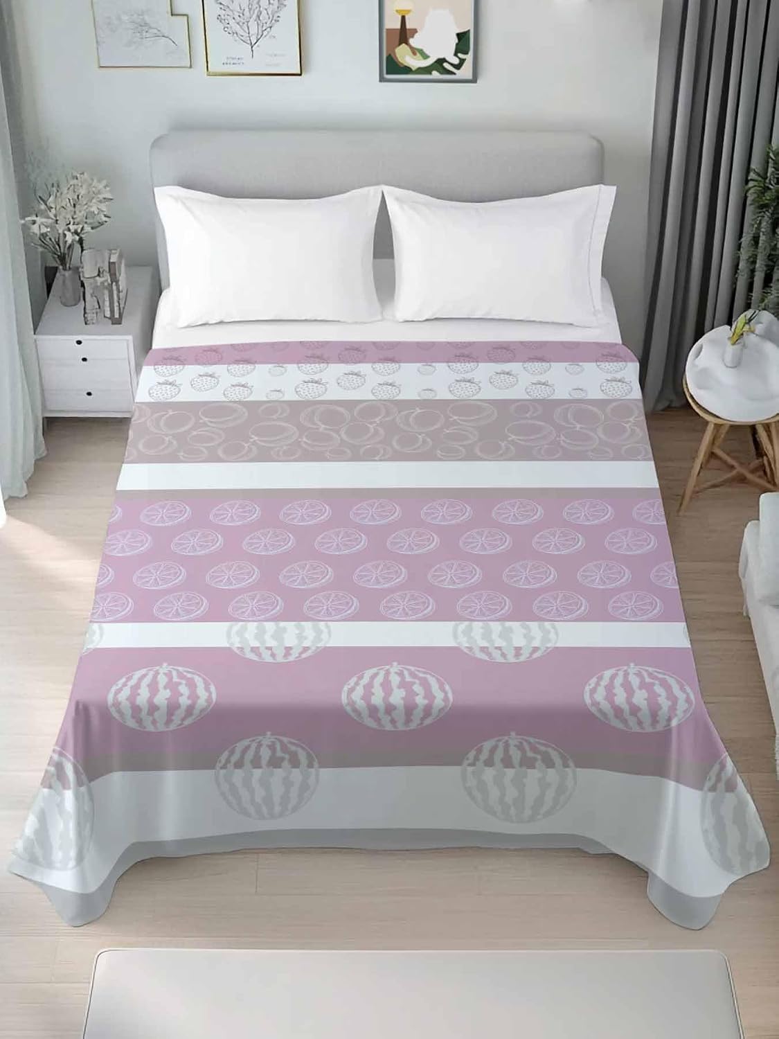 Farm Fruits Flat Sheets Only Queen Size, Soft Breathable Bed Top Sheets for Mattress, Watermelon Lemons Peach Pink Grey Striped Luxury Bedding Flat Sheets for Home Hotel Bedroom Bed Protection