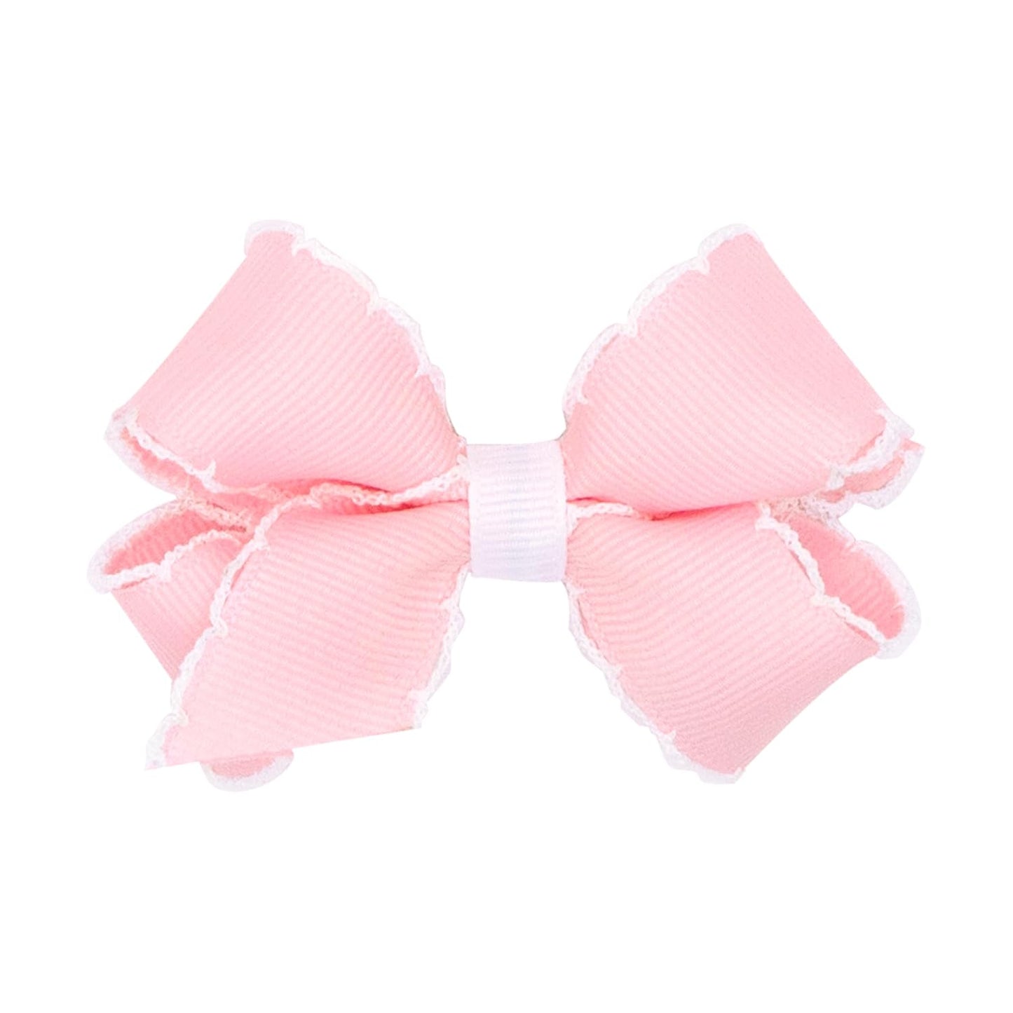 Wee Ones Girls' Classic Grosgrain Moonstitch Edge Hair Bow, No-Slip Hair Clip, Handmade, Light Pink with White, Mini