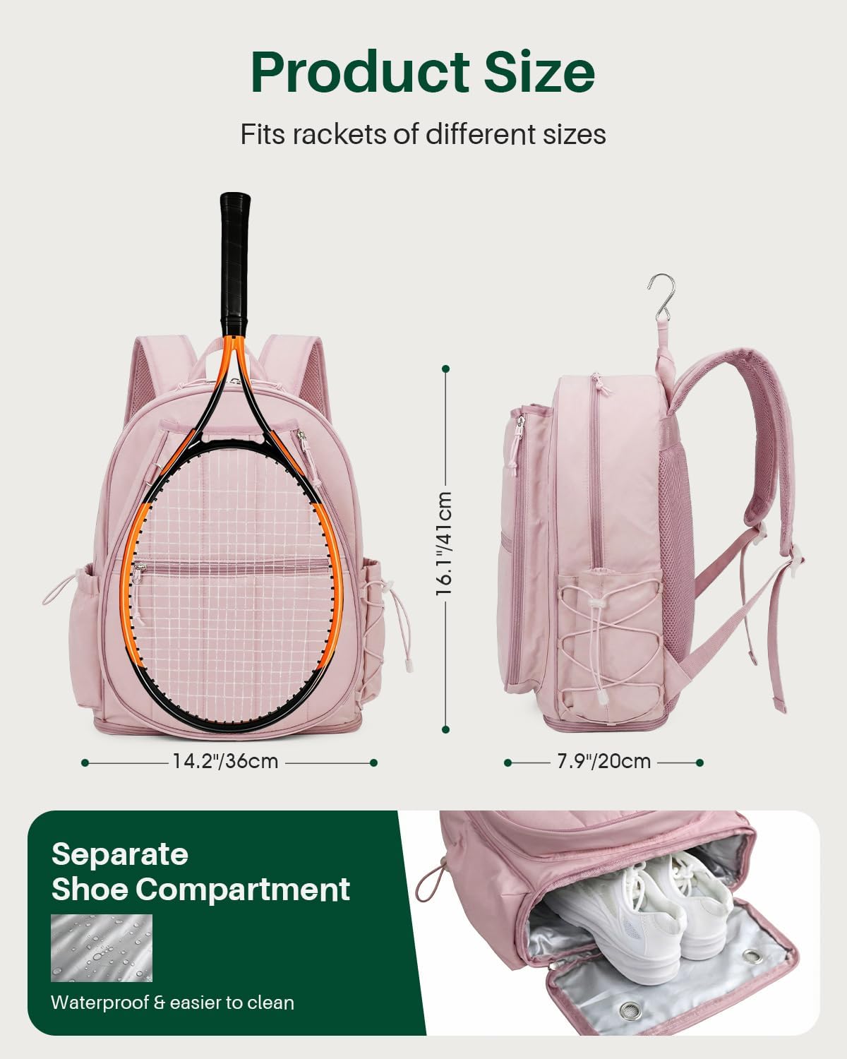 Quilted Tennis Gym Backpack for women Tennis Bag Holds 2 Rackets with Top Panel & Ventilated Shoe Compartment Sports Duffle Bags with Wet Pocket & Fence Hook