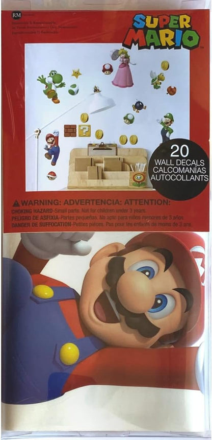 RoomMates Super Mario Brothers Peel and Stick Wall Decals, 20 Decal Set, Vinyl, Red, Blue, Pink, Removable Repositionable, No Sticky Residue, For Renters and Homeowners