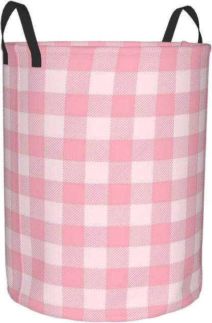 Pink Checkered Large Laundry Basket,Collapsible Laundry Hamper With Handle Checkered Room Decor,Round Waterproof Dirty Clothes Hamper Toy Organizer Storage Basket Gift for Home Bedroom Bathroom Decor