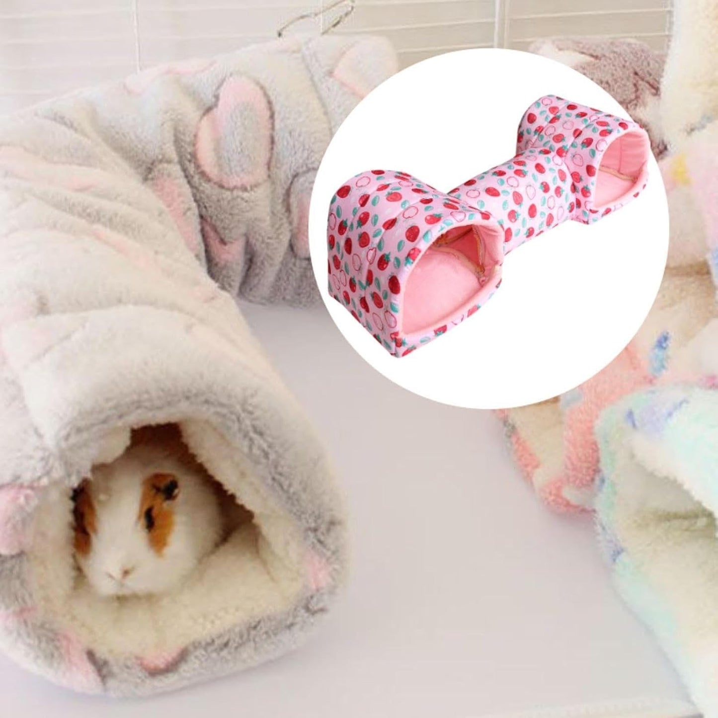 Hamster Tunnel Bed Hideout, Polyester Small Pet Cave for Guinea Pigs, Mice, Chinchillas and Dwarf Rabbits, Pink Strawberry