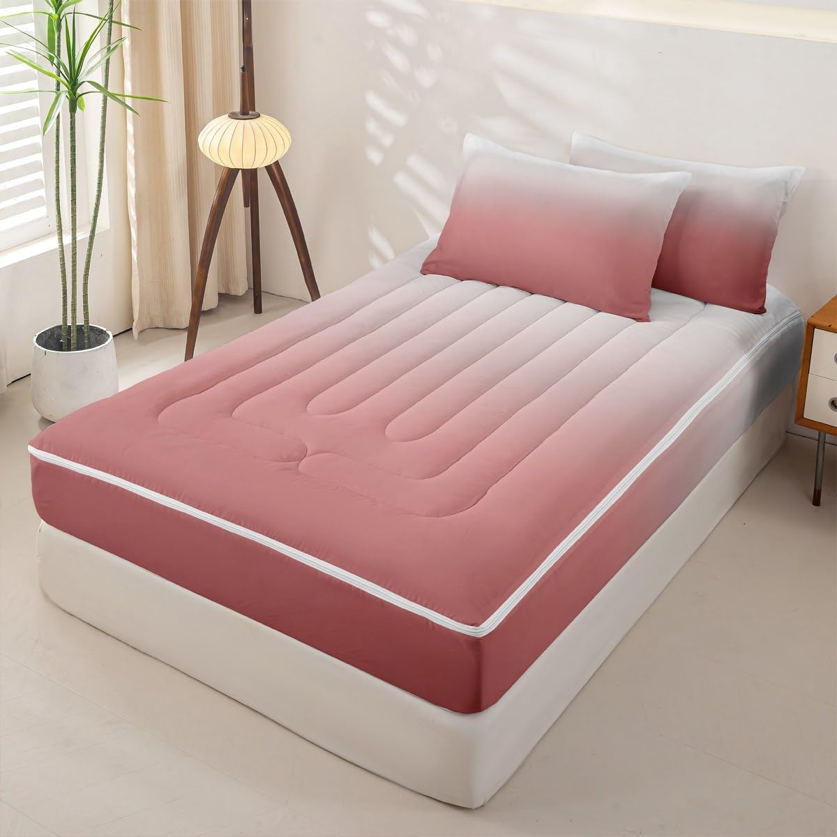 Erosebridal Peach Zip Up Bedding Set Twin Abstract Ombre Zipper Comforter Set with Sheets Pink Girl Bed in a Bag White Coral Gradient Modern Art Bed Sets with 2 Pillowcases