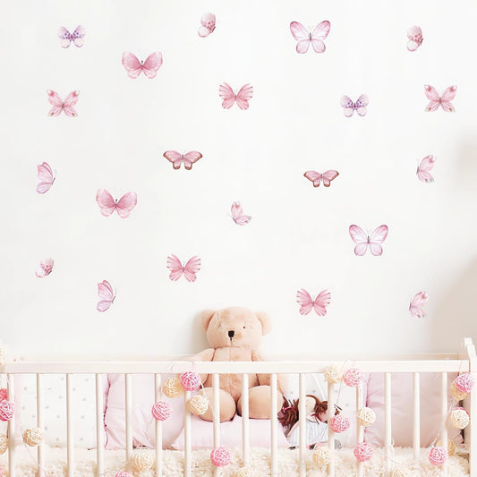 6 Sheets 36 Pcs Pink Butterfly Wall Stickers, sacinora DIY Watercolor Art Wall Decals Removable Vinyl Peel and Stick for Kids Baby Nursery Living Room Bedroom Playroom Sofa TV Background Decorations